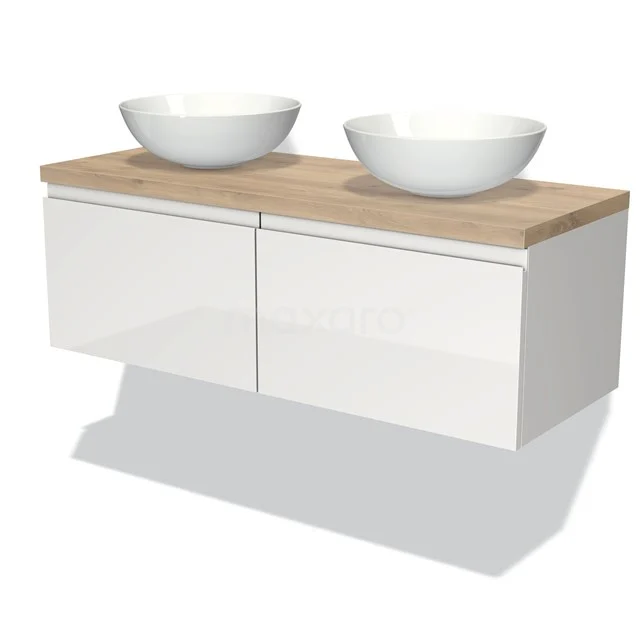 Modulo Plato Vanity units for countertop basin | 120 cm High-gloss white Handle-less front Light brown oak worktop 2 Side-by-side drawers BMK12-00202