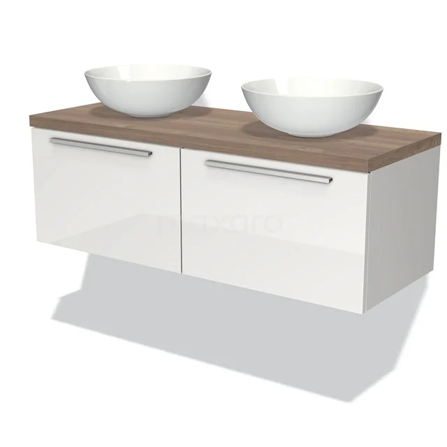 Waschtischunterschrank mit Konsole 120cm Modulo Plato Hochglanz Weiß 2 Schubladen Flach Mittelbraune Eiche Platte BMK12-00203 Weiße hängende Waschtisch mit Holzlook Platte, doppelten Aufsatzwaschbecken und metallischen Haltegriffen, perfekt für moderne Bäder.