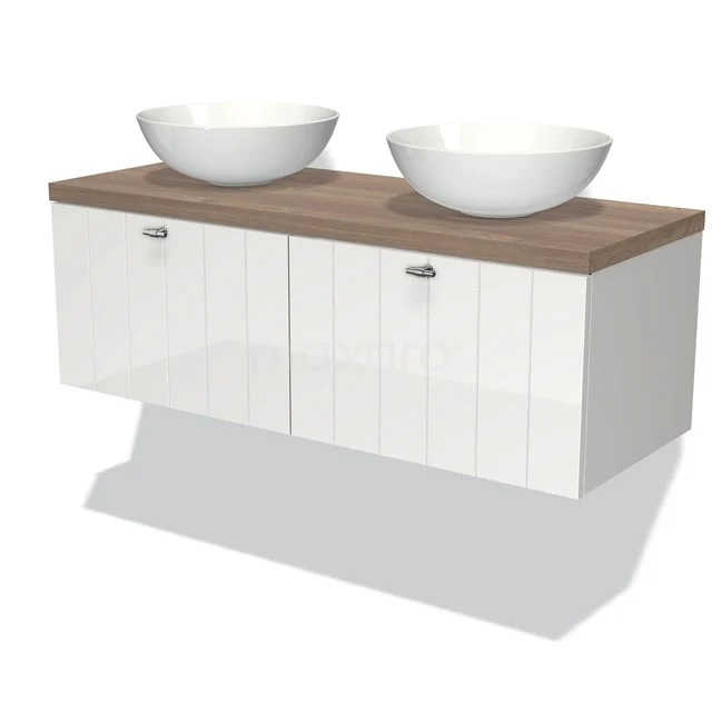 Weiße hängende Badmöbelset mit Holzplatte und zwei runden Waschbecken, modernes Design für stilvolle Bäder.