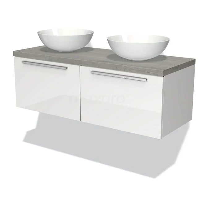 Modulo Plato Vanity units for countertop basin | 120 cm High-gloss white Flat front Grey oak worktop 2 Side-by-side drawers BMK12-00209