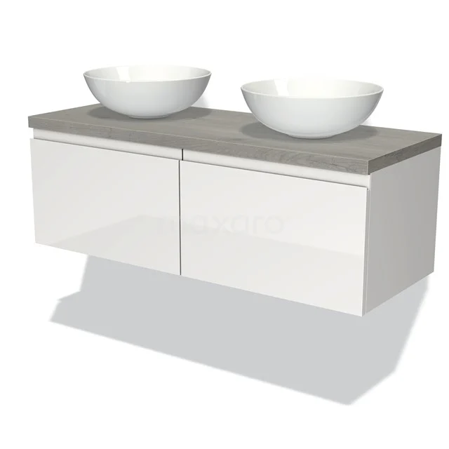 Modulo Plato Vanity units for countertop basin | 120 cm High-gloss white Handle-less front Grey oak worktop 2 Side-by-side drawers BMK12-00211