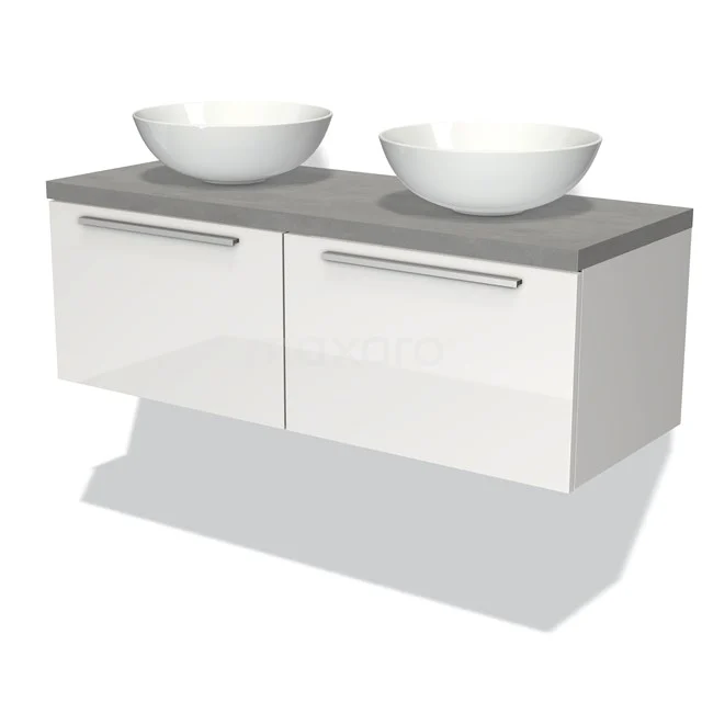 Modulo Plato Vanity units for countertop basin | 120 cm High-gloss white Flat front Light grey concrete worktop 2 Side-by-side drawers BMK12-00212