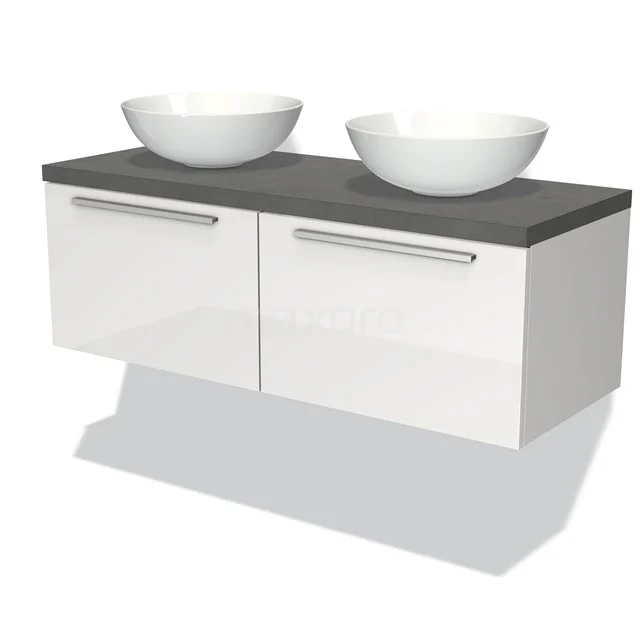 Weiße Badmöbelset mit zwei keramischen Aufsatzwaschbecken, grauer Holzplatte und verchromten Haltegriffen, schlicht modernes Design.