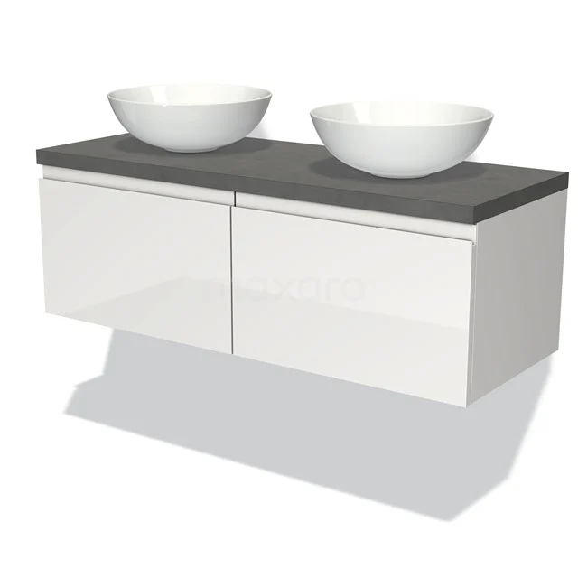 Weißes hängendes Badmöbel mit zwei runden Waschbecken und grauer Platte, modernes Design und geeignet für ein stilvolles Badezimmer.