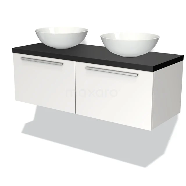 Badmöbelunterschrank mit Konsole 120cm Modulo Plato Matt Weiß 2 Schubladen Flach Matt Schwarz Platte BMK12-00218 Weiße Badmöbelset mit schwarzer Holzplatte, doppeltem Aufsatzwaschbecken und metallischen Haltegriffen, modernes und elegantes Design.