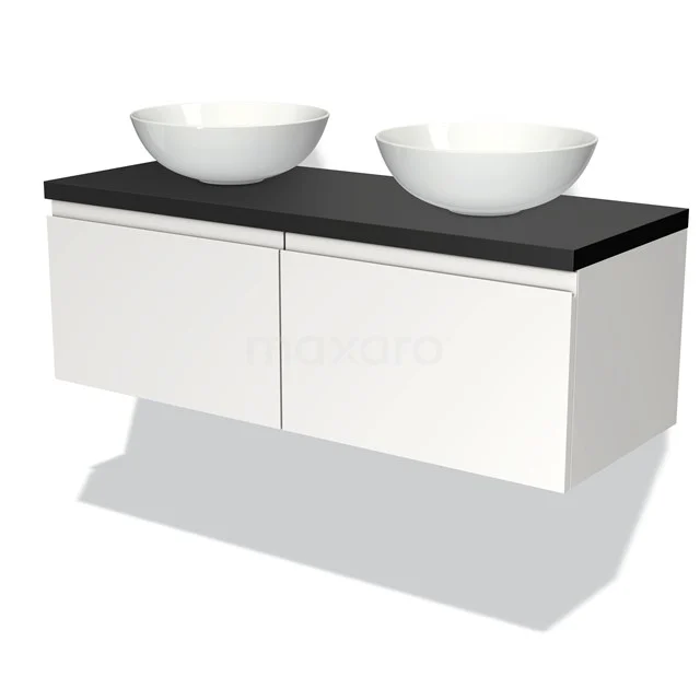 Weißes schwebendes Badmöbel mit schwarzer Platte und zwei runden Waschbecken, modernes Design und nachhaltige Verarbeitung.