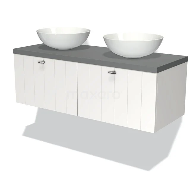 White hanging bathroom unit with grey countertop wash basin worktop and double round basins, modern design and storage space.