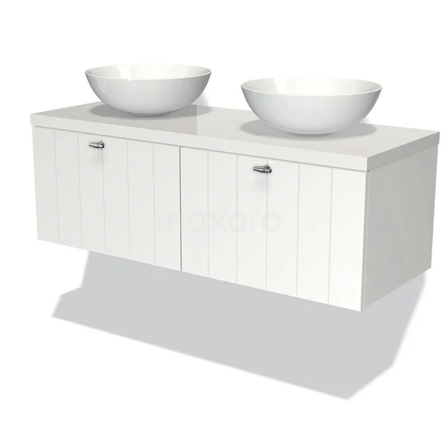 White wooden bathroom unit with double countertop wash basin, modern design, hanging model from premium series.