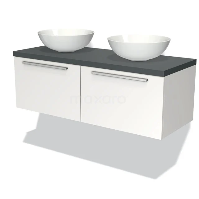 Wandhängendes weißes Badmöbel mit zwei Aufsatzwaschbecken und schwarzer Oberfläche, modernes Design und praktischer Stauraum.