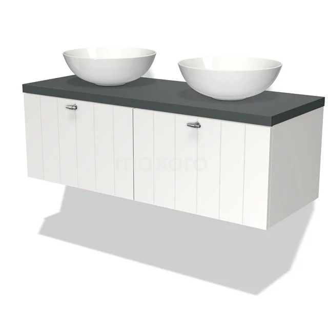 White wooden bathroom unit with anthracite worktop and two top washbasins, ideal for a modern bathroom design.