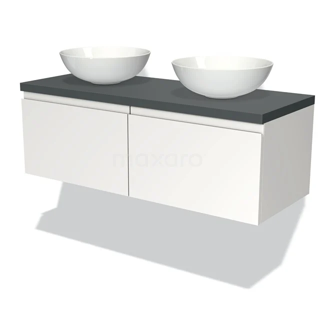 Weißes hängendes Badmöbel mit grauer Oberfläche, zwei runden Waschbecken und Soft-Close Schubladen, modernes Design.