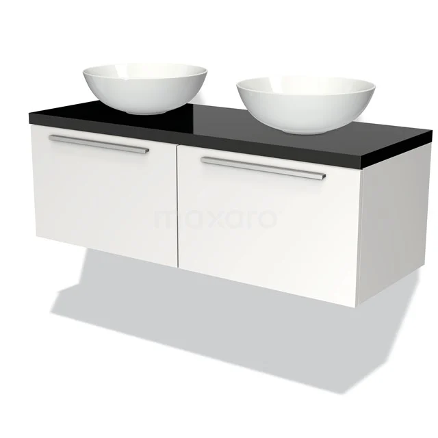 Badmöbelunterschrank mit Konsole 120cm Modulo Plato Matt Weiß 2 Schubladen Flach Hochglanz Schwarz Platte BMK12-00230 Weißes hängendes Badezimmermöbel mit schwarzer Platte und zwei Aufsatzwaschbecken, moderner Stil und verchromte Haltegriffe.