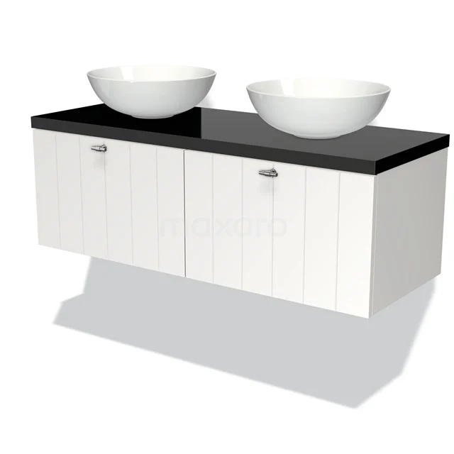 Modulo Plato Badmöbel mit Aufsatzwaschbecken | 120 cm Matt Weiß Lamelle front Hochglanz Schwarz blatt 2 nebeneinanderliegende Schubladen BMK12-00231 Weißes hängendes Badezimmermöbel mit schwarzer Platte und zwei runden Aufsatzwaschbecken, modernes Design mit vertikalen Rillen.