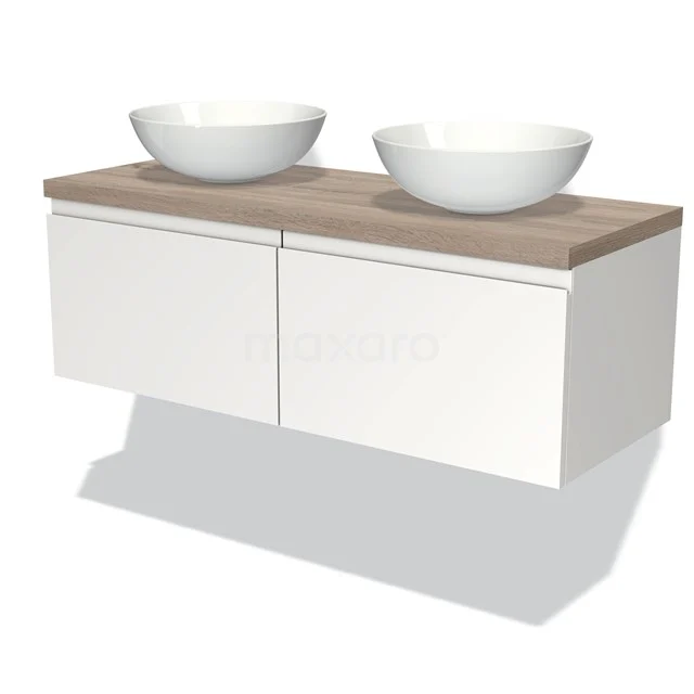 Modulo Plato Vanity units for countertop basin | 120 cm Matte white Handle-less front Oak worktop 2 Side-by-side drawers BMK12-00235