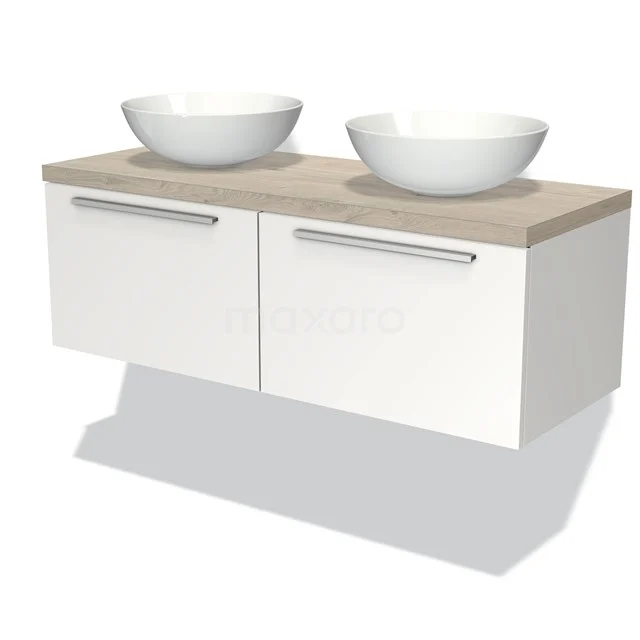 Badmöbel für Aufsatzwaschbecken 120cm Modulo Plato Matt Weiß 2 Schubladen Flach hellgraue Eiche Platte BMK12-00236 Weißes hängendes Badmöbel mit Holzplatte, doppelten Aufsatzwaschbecken und schlichten Haltegriffen, ideal für einen modernen Badezimmerstil.