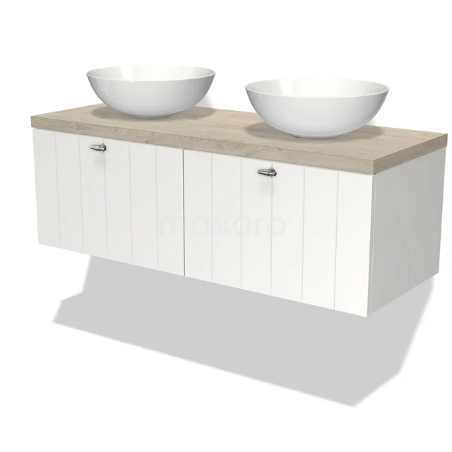 Modulo Plato Badmöbel mit Aufsatzwaschbecken | 120 cm Matt Weiß Lamelle front Hellgraue Eiche blatt 2 nebeneinanderliegende Schubladen BMK12-00237 Weißes Holz Badezimmermöbel mit zwei runden Aufsatzwaschbecken und hellem Holzlook Platte, ideal für moderne Badezimmergestaltung.