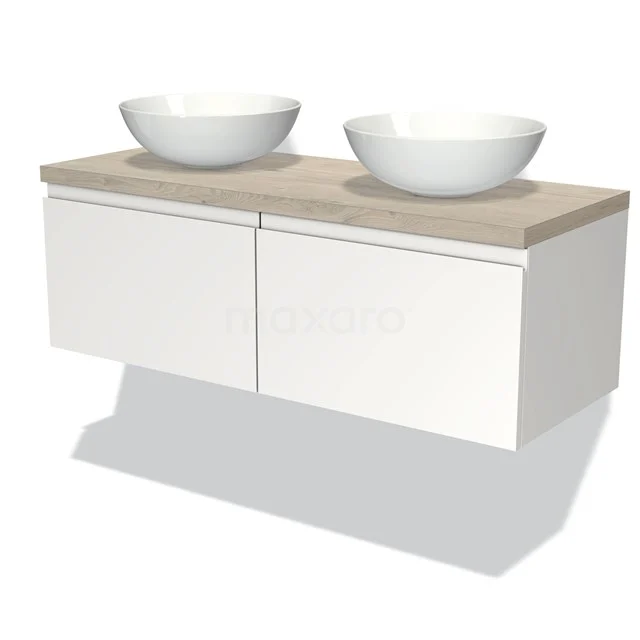 Weißes Badezimmermöbel mit zwei runden keramischen Waschbecken und Holzplatte, modernes schwebendes Design für Badezimmerlagerung.