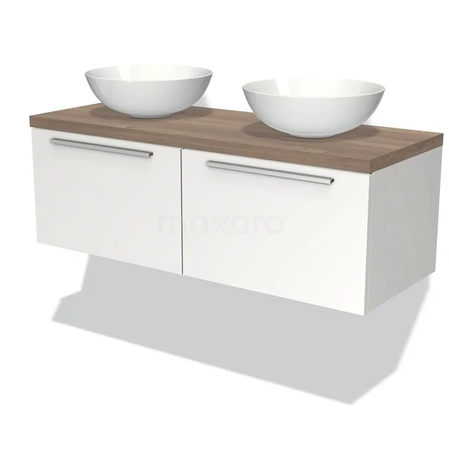 Modulo Plato Vanity units for countertop basin | 120 cm Matte white Flat front Mid brown oak worktop 2 Side-by-side drawers BMK12-00242