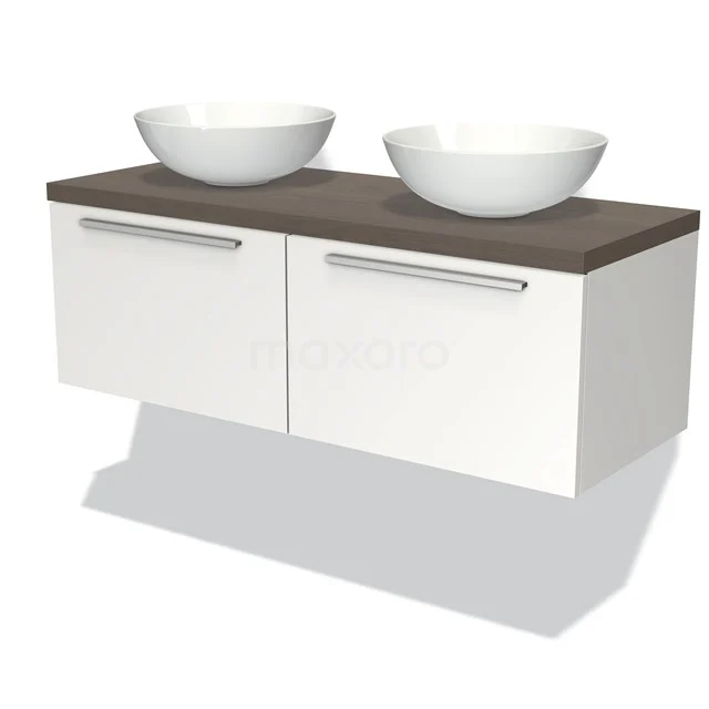 White suspended bathroom unit with two countertop wash basins, a dark wood worktop and sleek design; ideal for modern bathrooms.