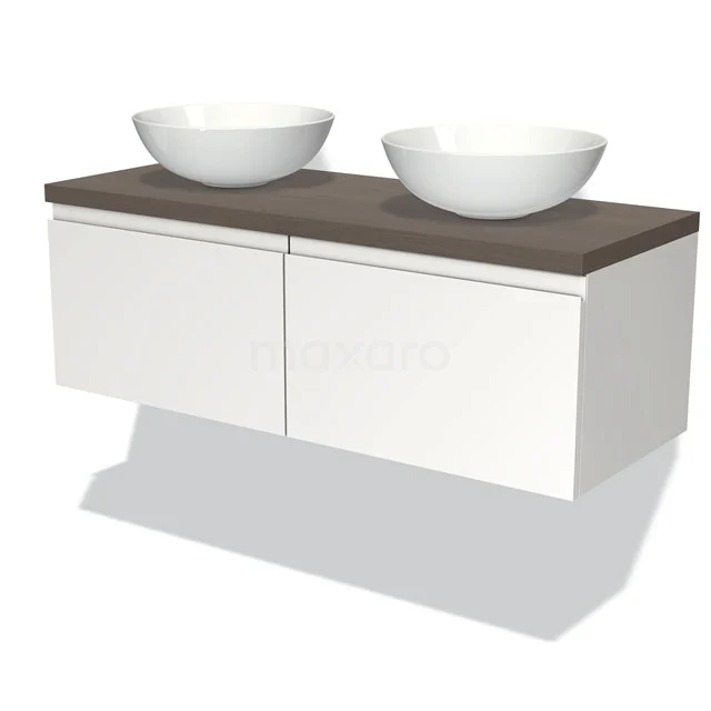 White hanging bathroom unit with dark wood worktop, double countertop wash basins and handleless drawers, modern design.