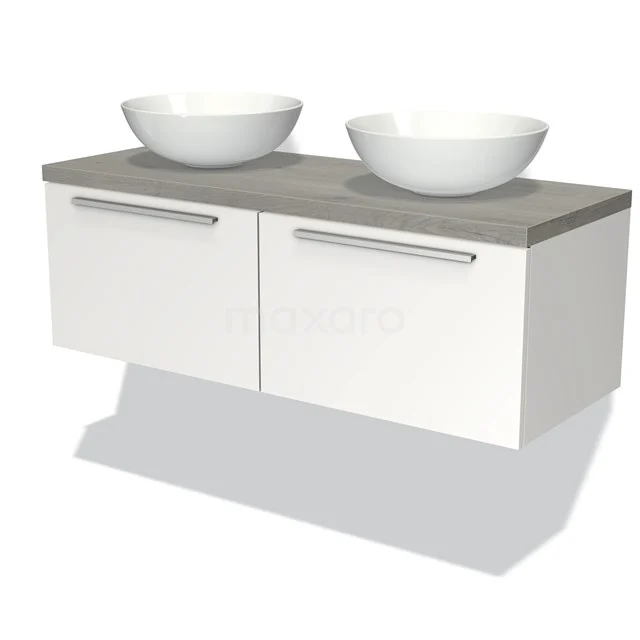 Weißes Badezimmermöbel mit 2 Schubladen, graue Waschtischplatte und doppelte runde Aufsatzbecken; modernes Design und hochwertige Verarbeitung.