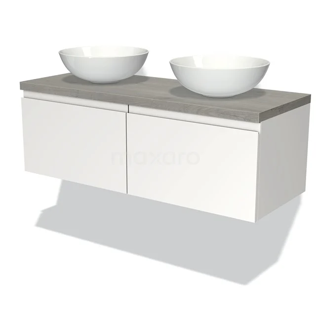 Modernes Badmöbel mit weißen Schubladen und grauer Betonplatte, einschließlich zwei stilvollen runden weißen Aufsatzwaschbecken.