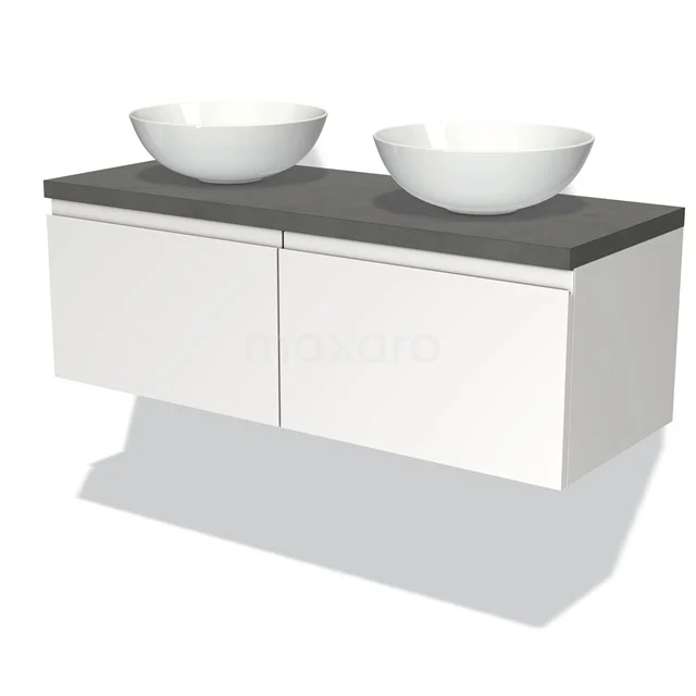 Badmöbel für Aufsatzwaschbecken 120cm Modulo Plato Matt Weiß 2 Schubladen Grifflos Dunkelgrauer Beton Platte BMK12-00256 Weißes schwebendes Badmöbel mit dunkelgrauer Steinplatte und zwei runden weißen Aufsatzwaschbecken, modernes Design.