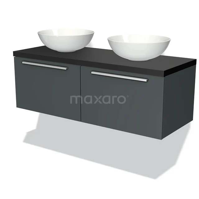 Modulo Plato Badmöbel mit Aufsatzwaschbecken | 120 cm Dunkelgrau Flach front Matt Schwarz blatt 2 nebeneinanderliegende Schubladen BMK12-00257 Dunkler Badschrank mit zwei weißen Aufsatzwaschbecken, mattgraues Design, moderne Verarbeitung, ideal für stilvolle Bäder.