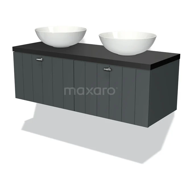 Badmöbel für Waschtischunterschrank mit Konsole 120cm Modulo Plato Dunkelgrau 2 Schubladen Lamelle Matt Schwarz Platte BMK12-00258 Dunkelgraue Badmöbelset aus Holz mit Doppelwaschbecken, moderner Stil und klar gestaltet für zeitgemäße Bäder.