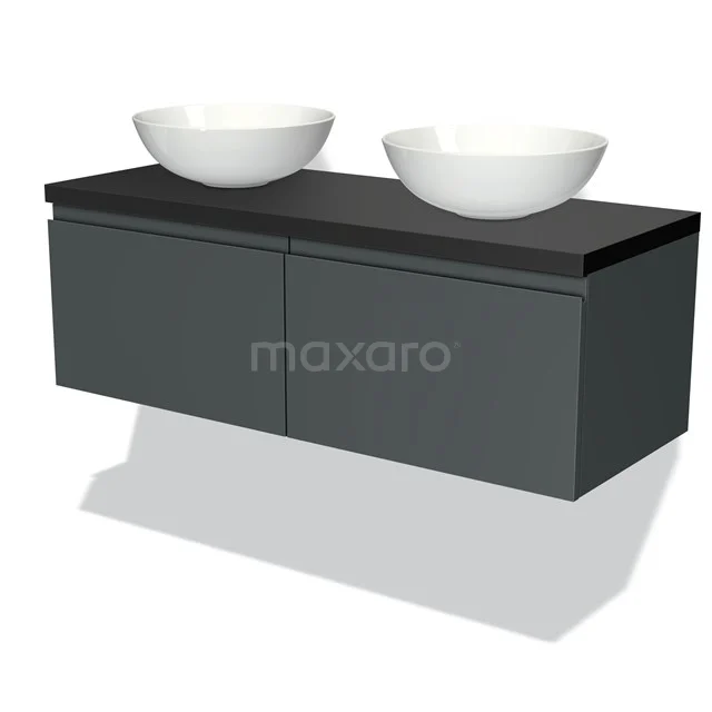 Matt Schwarz Badmöbelset mit doppeltem Aufsatzwaschbecken, modernes Design und hängendes Modell für stilvolle Badezimmergestaltung.