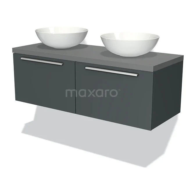 Doppelwaschbecken-Set mit dunkelgrauem Wandschrank, zwei weißen Aufsatzwaschbecken, modernes Design für stilvolle Bäder.