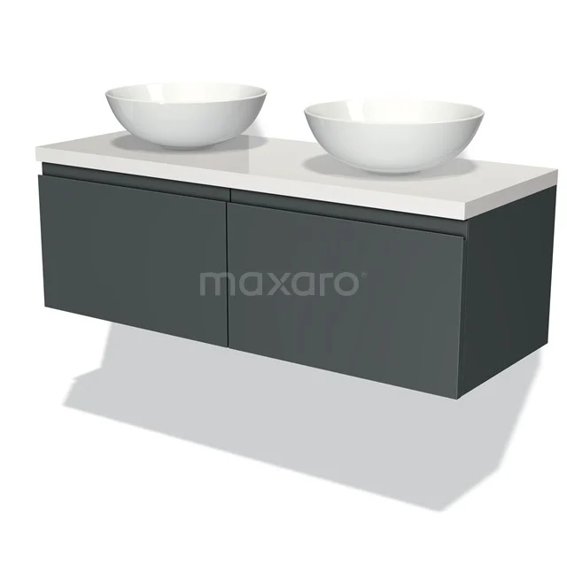 Modulo Plato Badmöbel mit Aufsatzwaschbecken | 120 cm Dunkelgrau Grifflos front Hochglanz Weiß blatt 2 nebeneinanderliegende Schubladen BMK12-00265 Graue Design-Badmöbelset mit doppeltem weißen Aufsatzwaschbecken, schwebendes Modell, modern stilvoll gestaltet für optimale Badezimmerfläche.