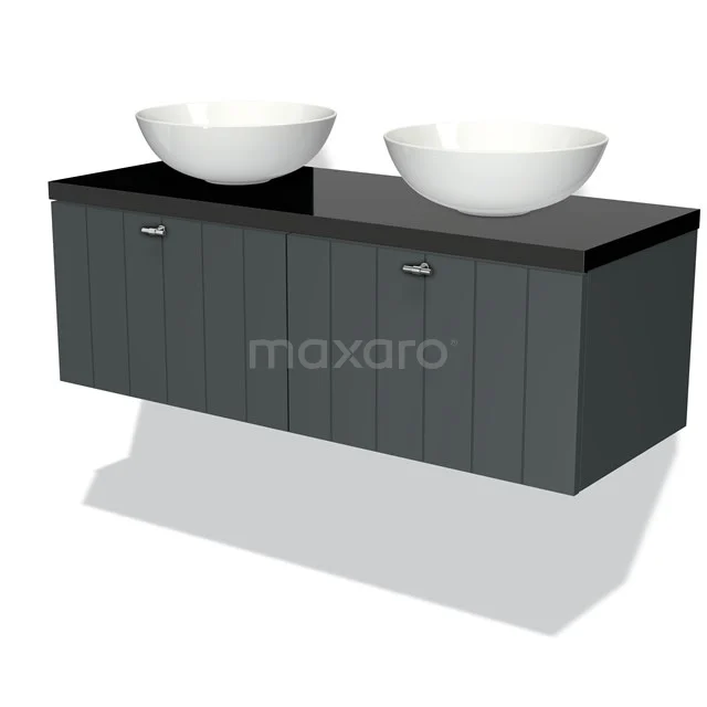 Badmöbel für Waschtischunterschrank mit Konsole 120cm Modulo Plato Dunkelgrau 2 Schubladen Lamelle Hochglanz Schwarz Platte BMK12-00270 Zwevend Grau Badmöbel mit Schwarz Platte und doppelten weißen Aufsatzwaschbecken, moderne Optik mit vertikalen Streifen.