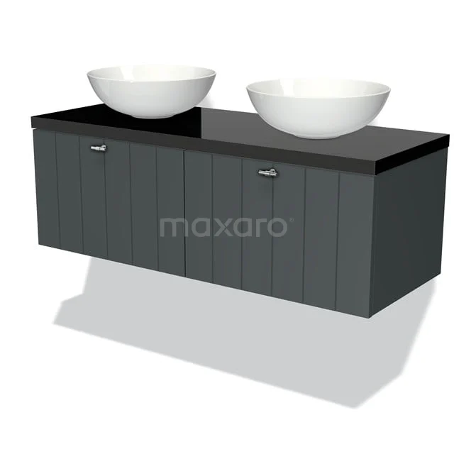 Modulo Plato Badmöbel mit Aufsatzwaschbecken | 120 cm Dunkelgrau Lamelle front Hochglanz Schwarz blatt 2 nebeneinanderliegende Schubladen BMK12-00270 Zwevend Grau Badmöbel mit Schwarz Platte und doppelten weißen Aufsatzwaschbecken, moderne Optik mit vertikalen Streifen.