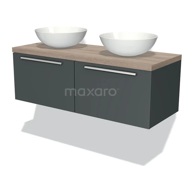 Grau Badmöbel mit Holz Platte, zwei weiße Aufsatzwaschbecken und schlichte Haltegriffe, ideal für ein modernes Badezimmer.