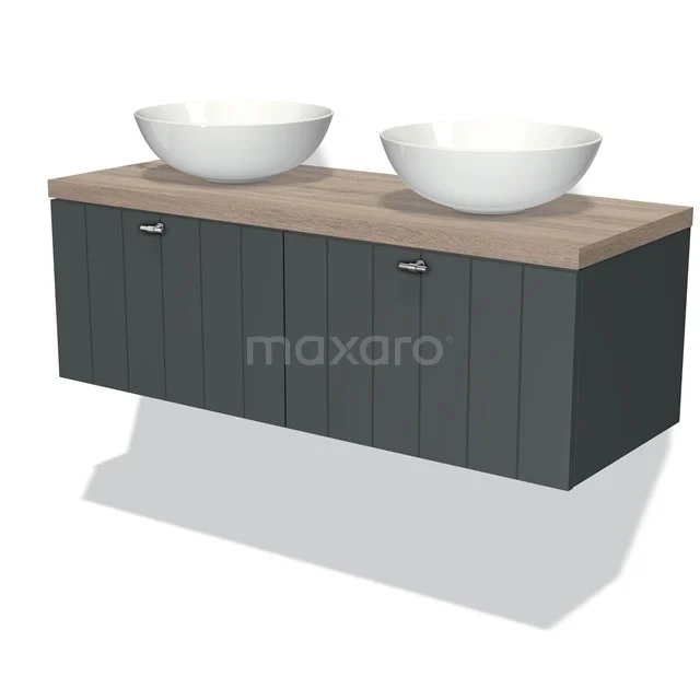 Badmöbel für Aufsatzwaschbecken 120cm Modulo Plato Dunkelgrau 2 Schubladen Lamelle Eiche Platte BMK12-00273 Graues Holz-Badmöbel mit zwei weißen Aufsatzwaschbecken, Eichenplatte und subtil geripptem Frontpaneel.