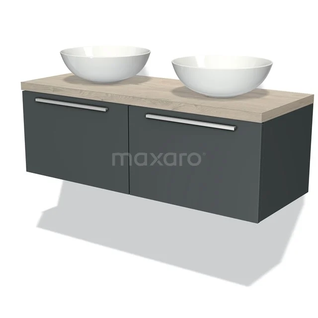 Graue hängende Badmöbelset mit doppeltem Aufsatzwaschbecken und Holzlook Platte; modernes Design und geräumige Schubladen.