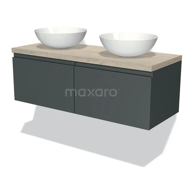 Dunkelgraue Badmöbelset mit Holzlook Platte, doppelte weiße Aufsatzwaschbecken, modernes schwebendes Design für stilvolle Bäder.