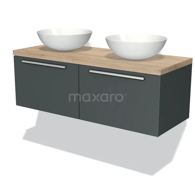 Grauer hängender Badschrank mit Holzlook Platte und doppelten weißen Aufsatzwaschbecken, modernes Design für stilvolle Bäder.