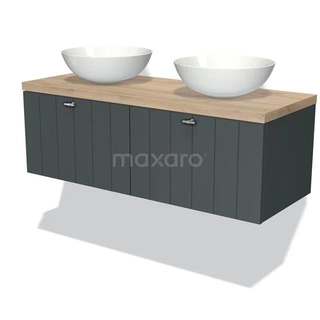 Badmöbel für Aufsatzwaschbecken 120cm Modulo Plato Dunkelgrau 2 Schubladen Lamelle Hellbraune Eiche Platte BMK12-00279 Moderne Badmöbelset mit grauer Holzoptik Schrank, zwei weißen Aufsatzwaschbecken und einer robusten Eichenplatte.