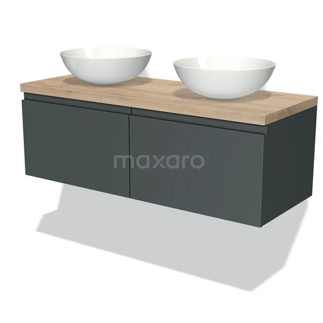 Grau Holz Badmöbel mit zwei weißen Aufsatzwaschbecken, moderner Stil und sanftem Schließen, perfekt für jedes Badezimmer.