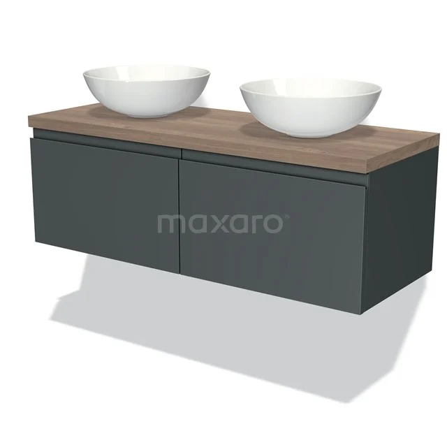 Badmöbel für Aufsatzwaschbecken 120cm Modulo Plato Dunkelgrau 2 Schubladen Grifflos Mittelbraune Eiche Platte BMK12-00283 Modernes Badmöbel mit grauem Schubladenschrank, hölzerner Platte und doppelten weißen Aufsatzwaschbecken. Zeitgenössisches Design für stilvolle Bäder.