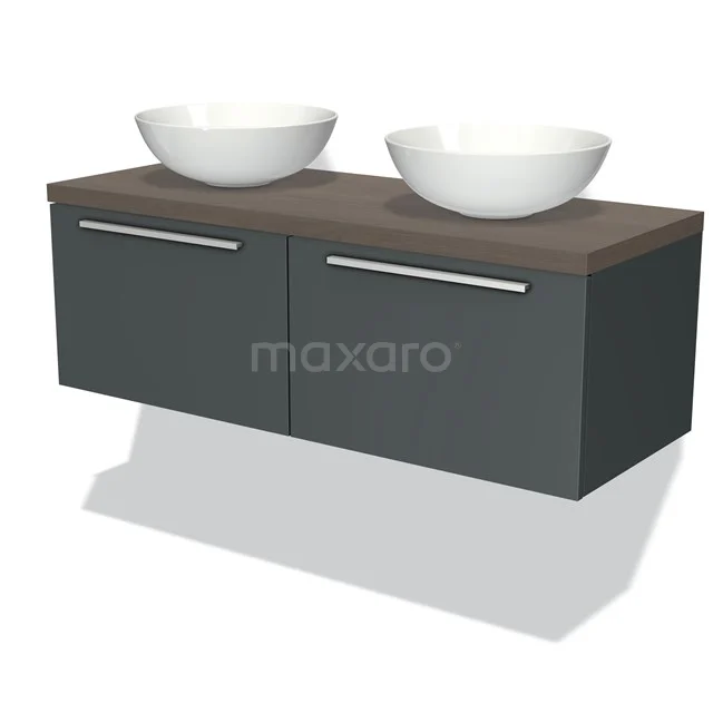 Dark grey bathroom cabinet with wooden top and two round white wash basins, modern design, suitable for double basin.