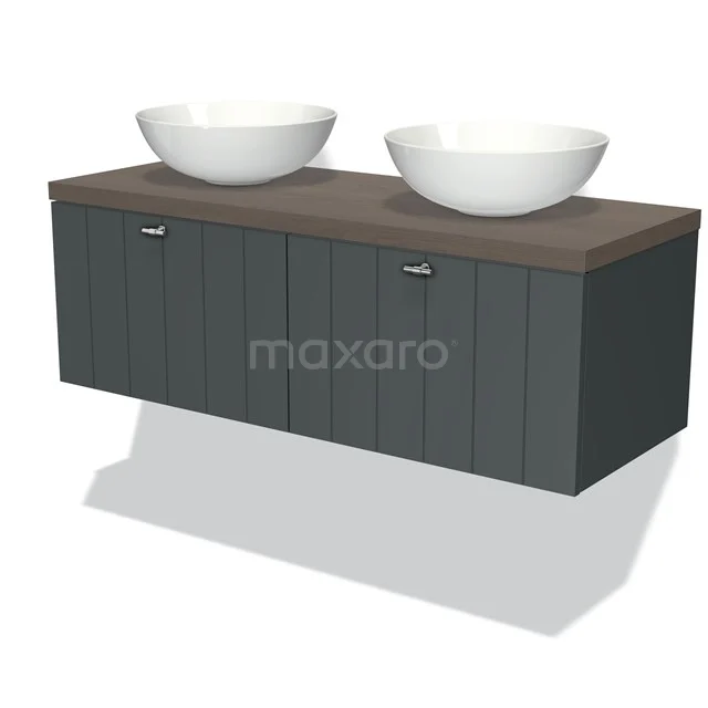 Floating bathroom unit grey wood-look with two white vanity units for countertop wash basins, ideal for a modern and stylish bathroom design.