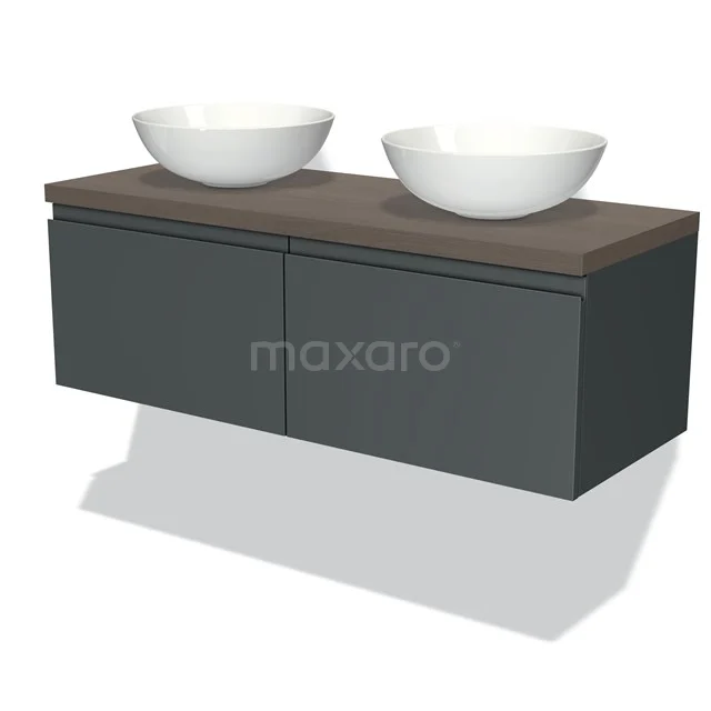 Grey floating bathroom cabinet with wooden worktop, two white bowl-shaped basins; modern design for stylish bathrooms.