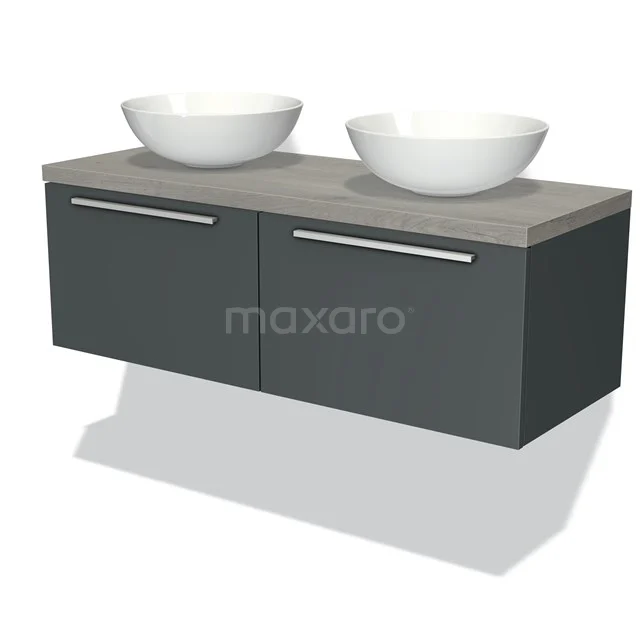 Graue Badmöbelset mit zwei keramischen Aufsatzwaschbecken, schwebendem Design, matter Oberfläche und geräumigen Aufbewahrungsschränken.