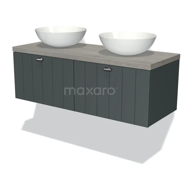 Dunkelgraue Badmöbelset schwebend mit doppelten weißen Aufsatzwaschbecken und Holzlook Platte, ideal für ein modernes Badezimmer.