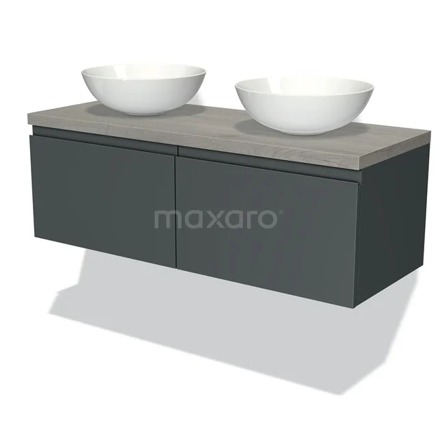 Graue Waschtischset mit doppelten weißen Aufsatzwaschbecken, Betonlook Platte und klarem schwebendem Design, ideal für moderne Bäder.