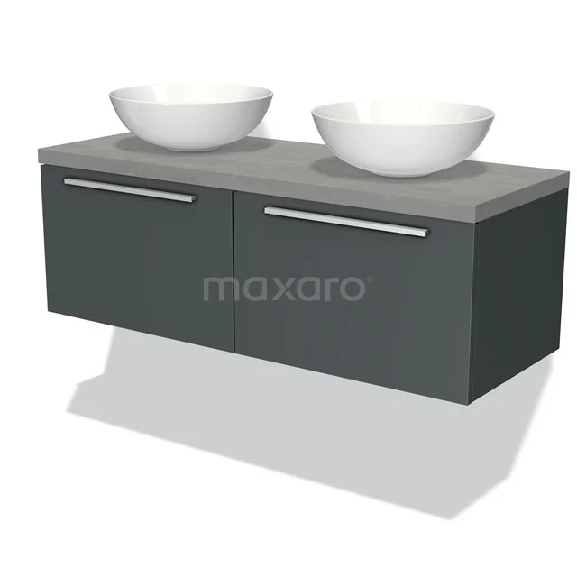 Graue schwebende Badmöbelset mit Doppelwaschbecken, minimalistisches Design und chromatischen Haltegriffen, perfekt für moderne Bäder.