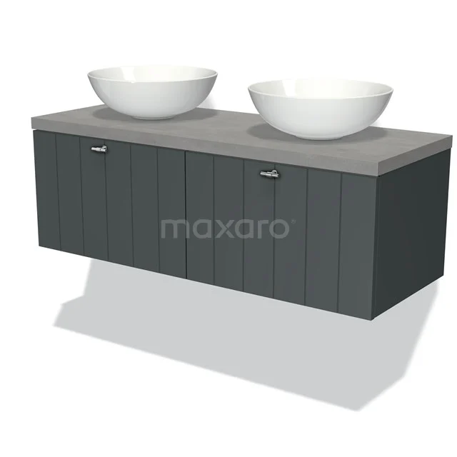 Graue schwebende Badmöbelset mit Doppelwaschbecken, moderne Holzmaserungsstruktur und minimalistisches Design.